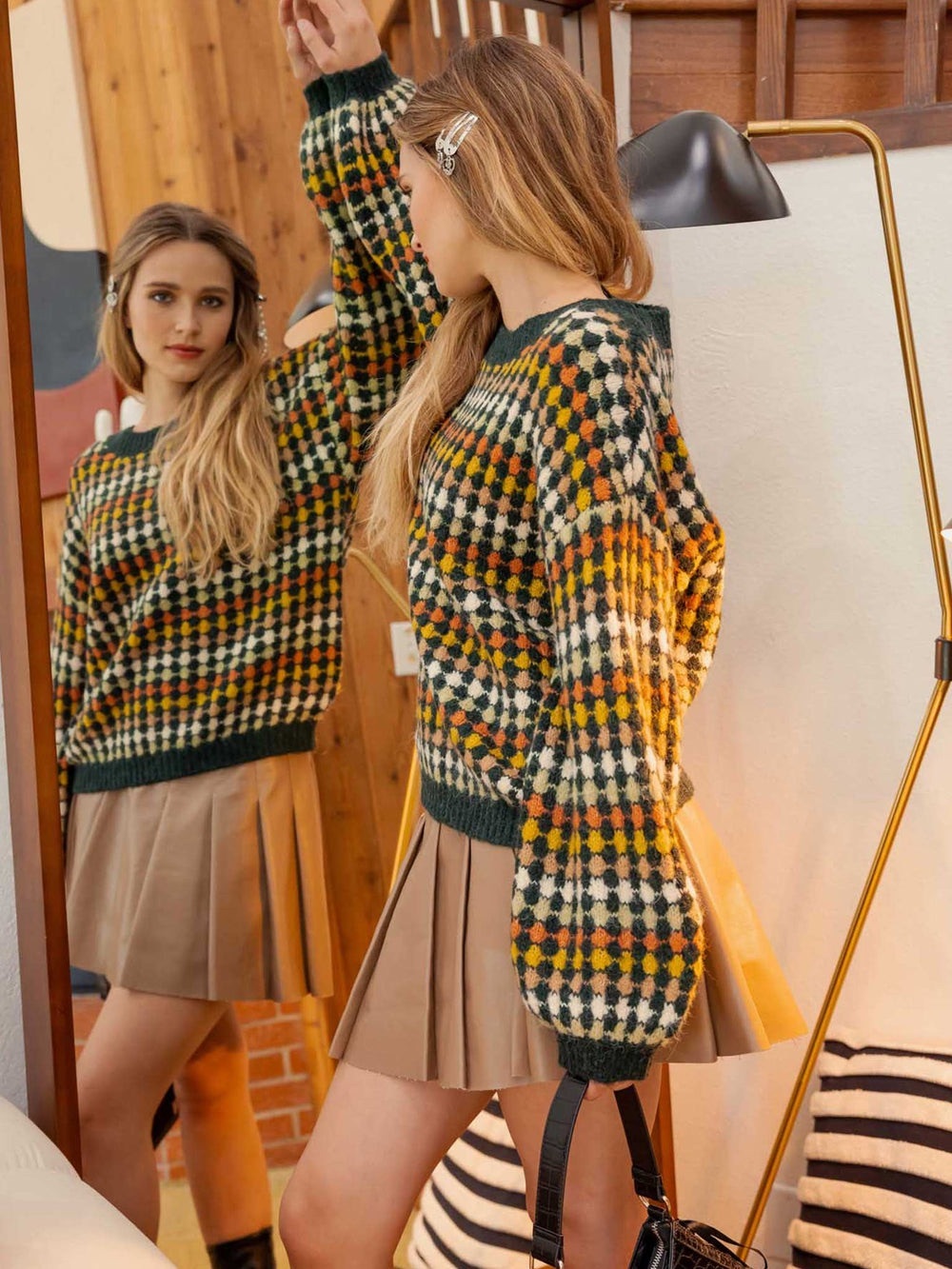 Blu Pepper Retro Multicolor Houndstooth Knit Sweater - Green, Yellow, Cream